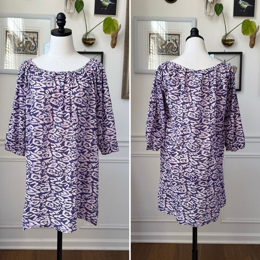 Hiho Purple Abstract 3/4 Sleeve Elastic Neck Cuff Shift Dress Cotton M